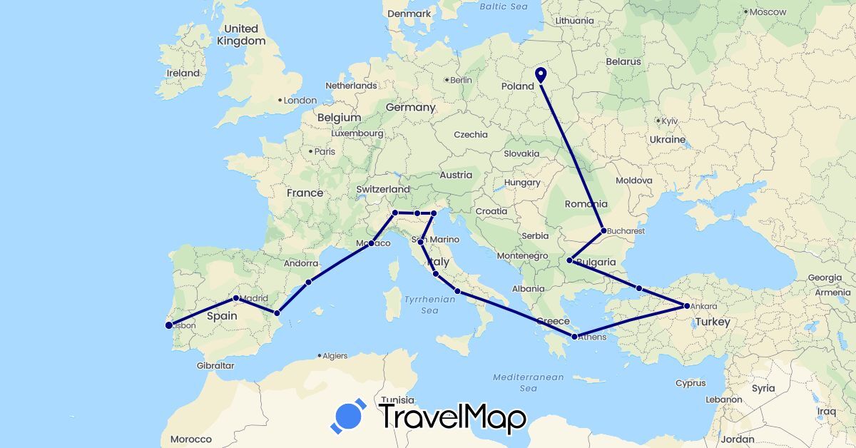 TravelMap itinerary: driving in Bulgaria, Spain, France, Greece, Italy, Poland, Portugal, Romania, Turkey (Asia, Europe)